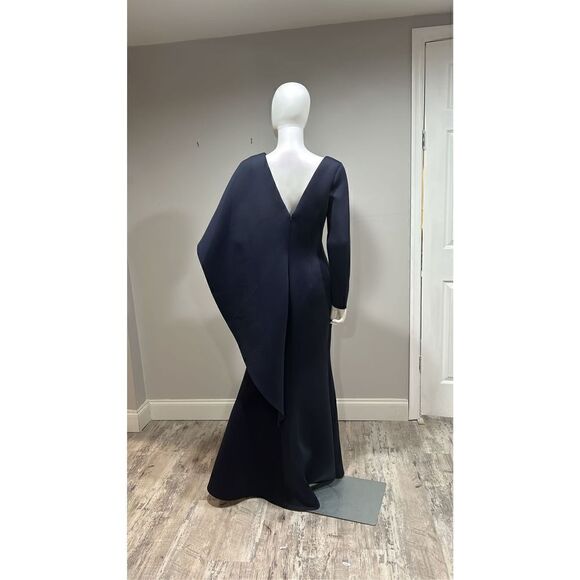 Badgley Mischka Navy Blue Asymmetric Ruffle Gown Size 2 - Picture 8 of 10